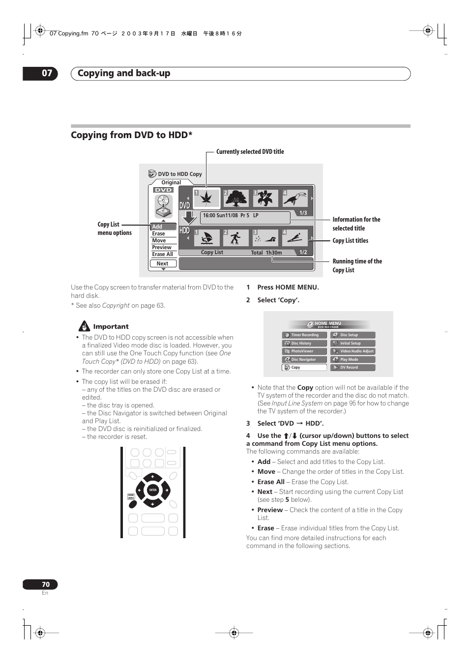 Copying from dvd to hdd, Copying and back-up 07, Dvd hdd hdd | Pioneer DVR-5100H-S User Manual | Page 70 / 128