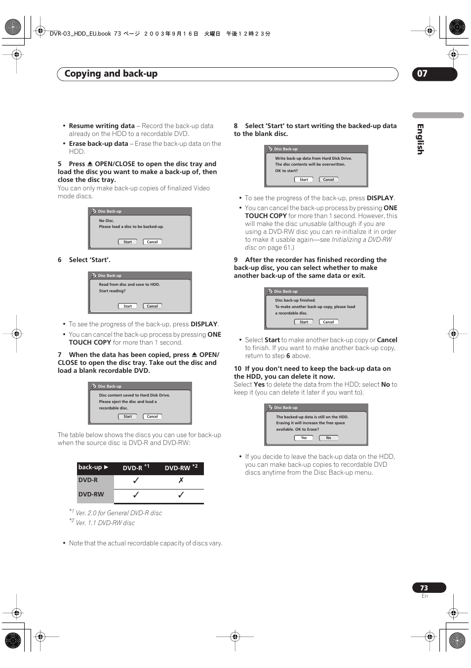 Copying and back-up 07, English | Pioneer DVR-5100H-S User Manual | Page 73 / 128