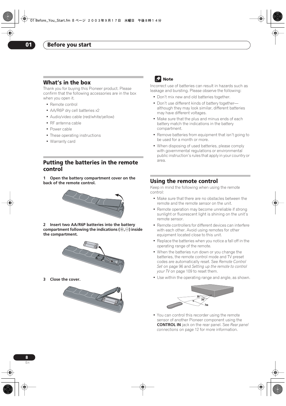 What’s in the box, Putting the batteries in the remote control, Using the remote control | Before you start 01 | Pioneer DVR-5100H-S User Manual | Page 8 / 128
