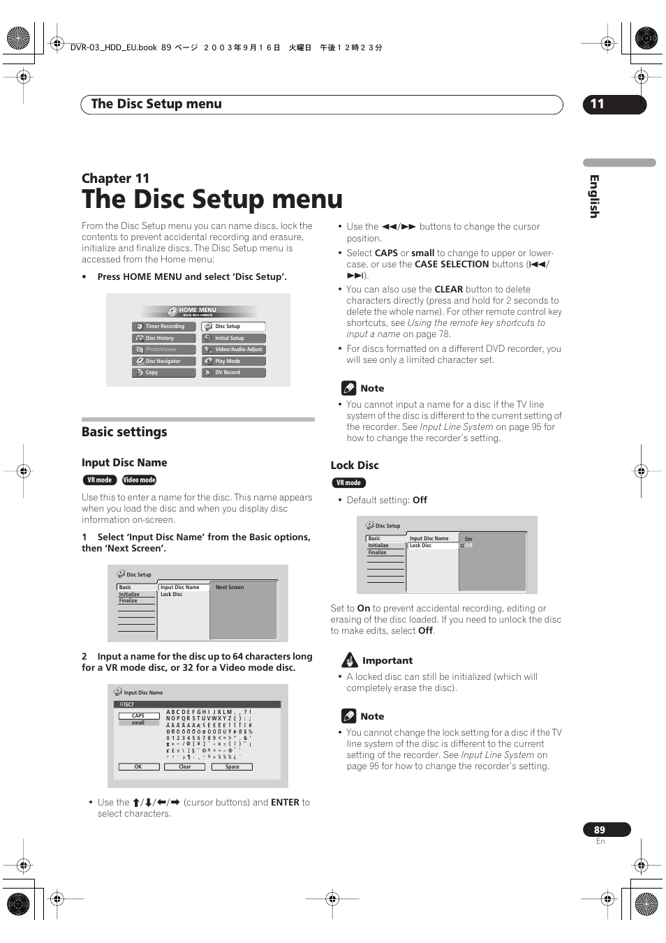 Basic settings, The disc setup menu, The disc setup menu 11 | Chapter 11, English, Input disc name, Lock disc | Pioneer DVR-5100H-S User Manual | Page 89 / 128