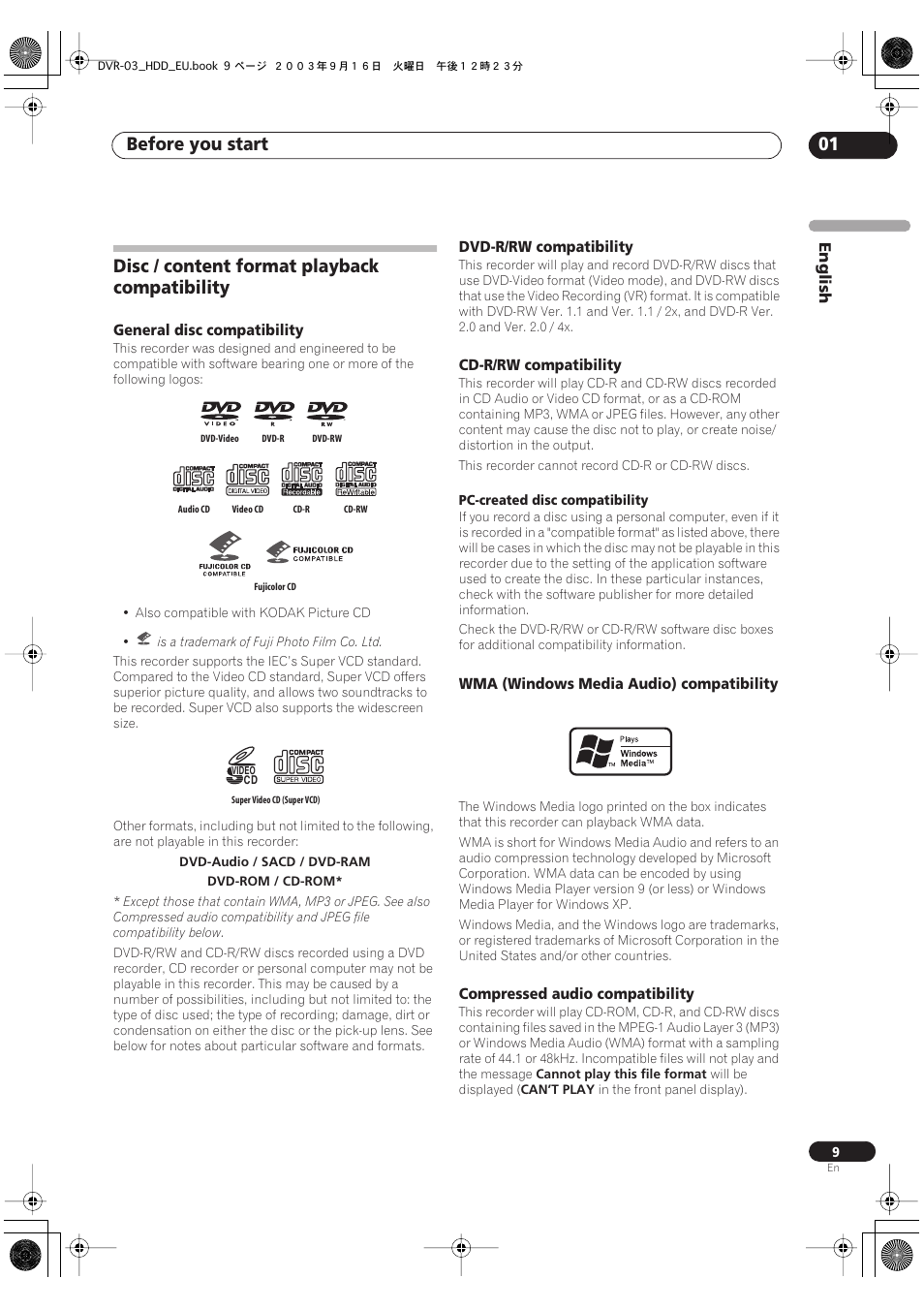 Disc / content format playback compatibility, Before you start 01 | Pioneer DVR-5100H-S User Manual | Page 9 / 128