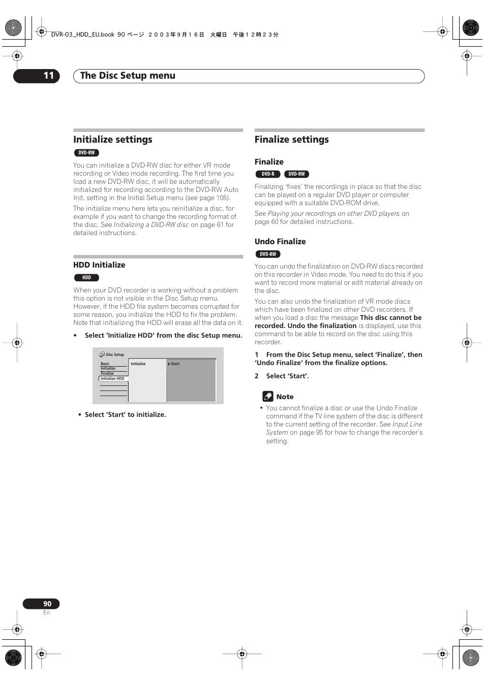 Initialize settings, Hdd initialize, Finalize settings | The disc setup menu 11 | Pioneer DVR-5100H-S User Manual | Page 90 / 128