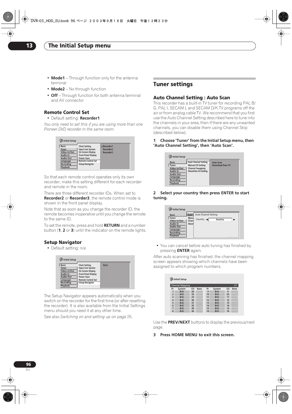 Tuner settings, The initial setup menu 13, Remote control set | Setup navigator, Auto channel setting : auto scan | Pioneer DVR-5100H-S User Manual | Page 96 / 128