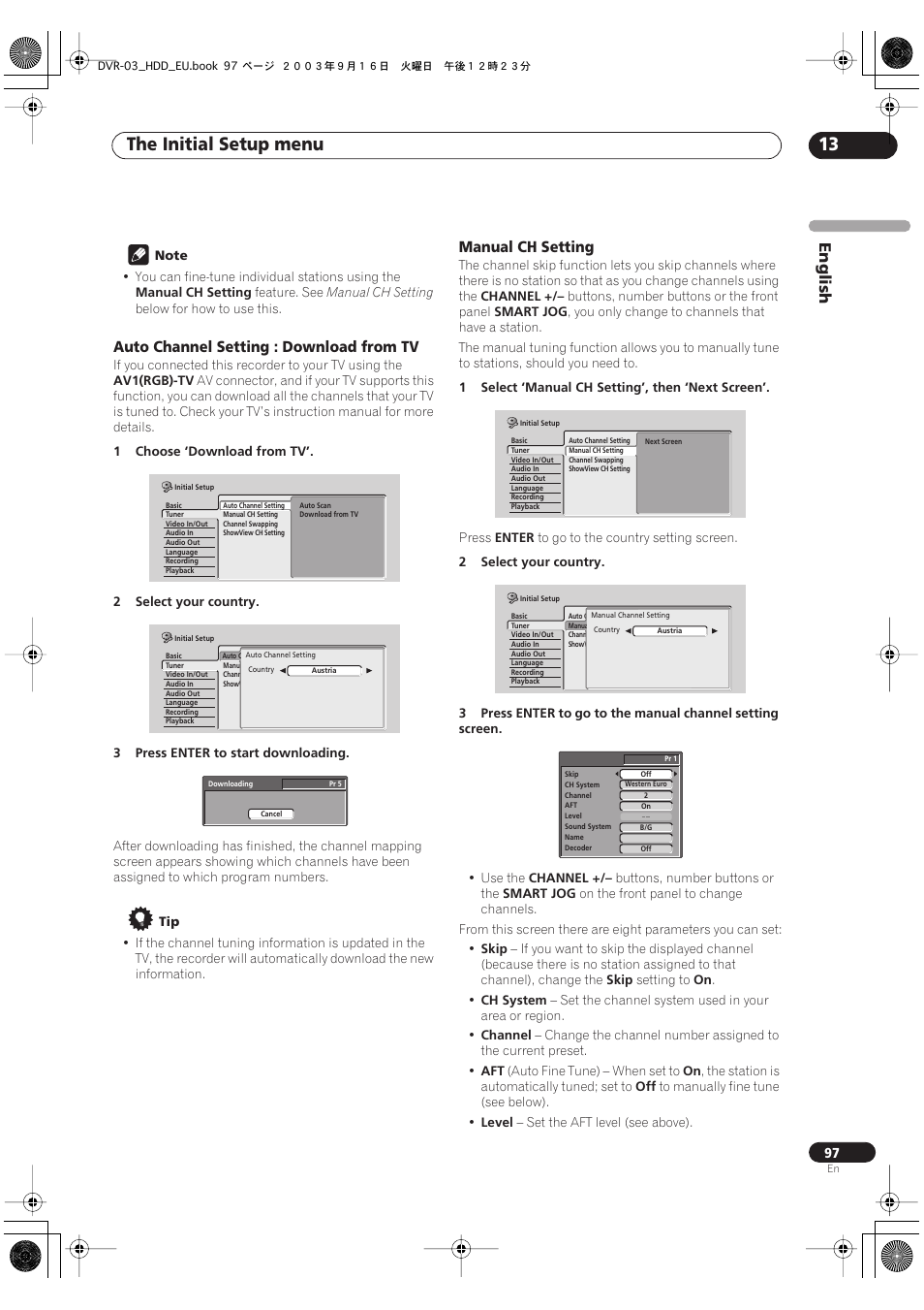 The initial setup menu 13, English, Auto channel setting : download from tv | Manual ch setting | Pioneer DVR-5100H-S User Manual | Page 97 / 128