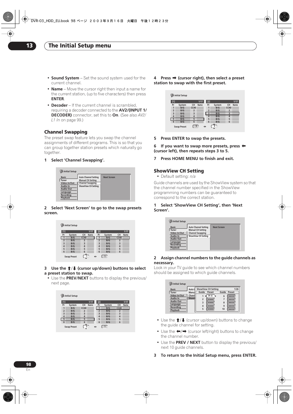 The initial setup menu 13, Channel swapping, Showview ch setting | Pioneer DVR-5100H-S User Manual | Page 98 / 128