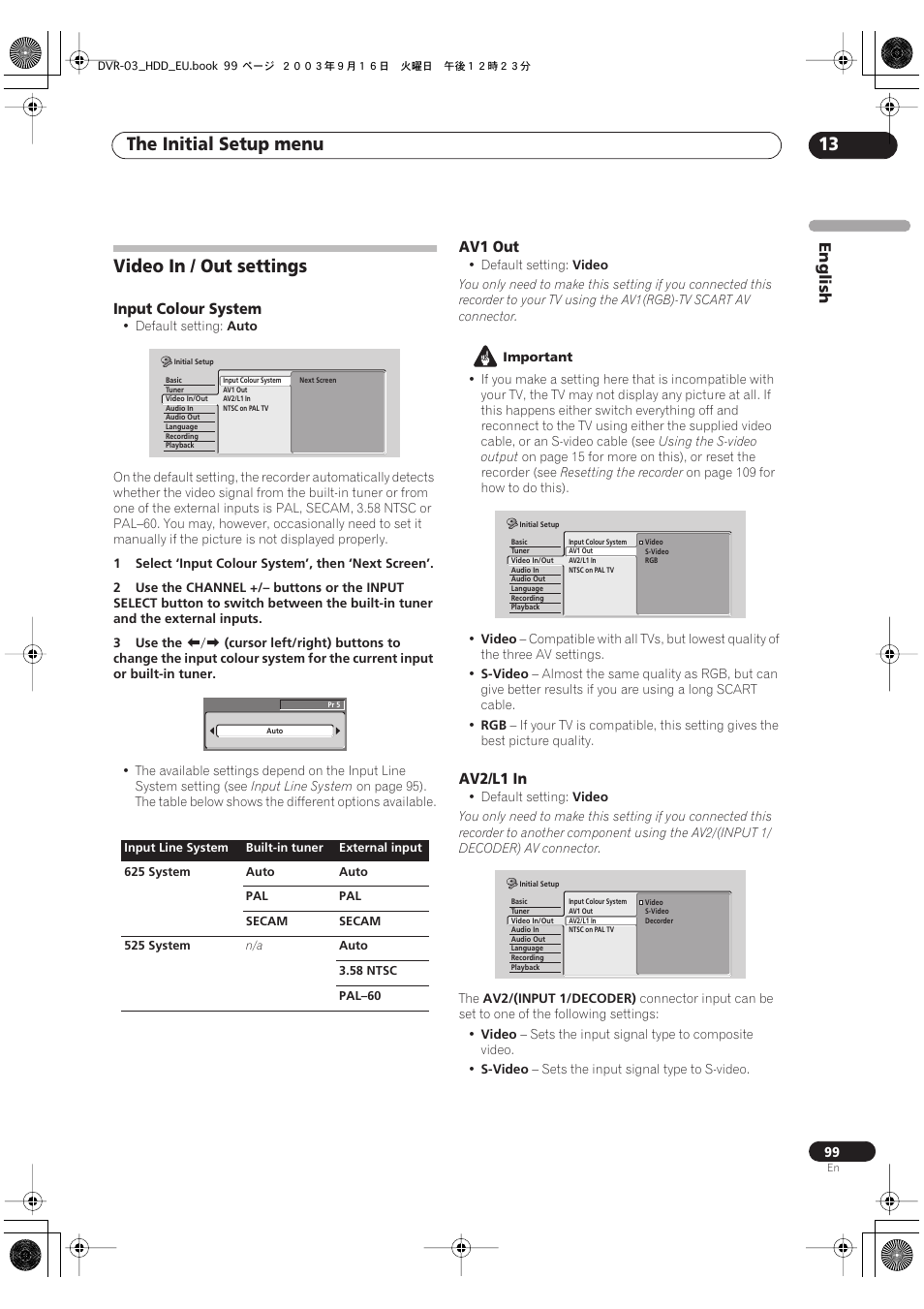 Video in / out settings, The initial setup menu 13 | Pioneer DVR-5100H-S User Manual | Page 99 / 128