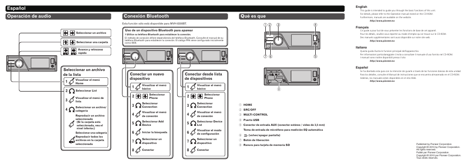 Español operación de audio, Conexión bluetooth, Qué es que | Seleccionar un archivo de la lista 2, Conectar un nuevo dispositivo, Conectar desde lista de dispositivos | Pioneer MVH-7300 User Manual | Page 8 / 8