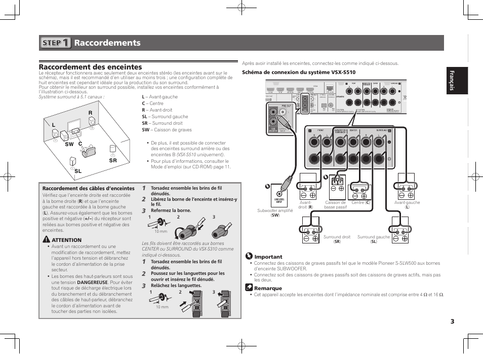 Raccordements, Raccordement des enceintes | Pioneer VSX-S510-K User Manual | Page 11 / 60