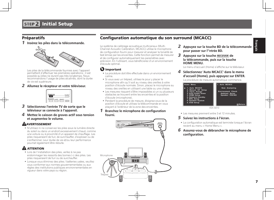 Initial setup, Préparatifs, Configuration automatique du son surround (mcacc) | Pioneer VSX-S510-K User Manual | Page 15 / 60