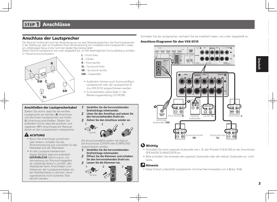 Anschlüsse, Anschluss der lautsprecher | Pioneer VSX-S510-K User Manual | Page 19 / 60