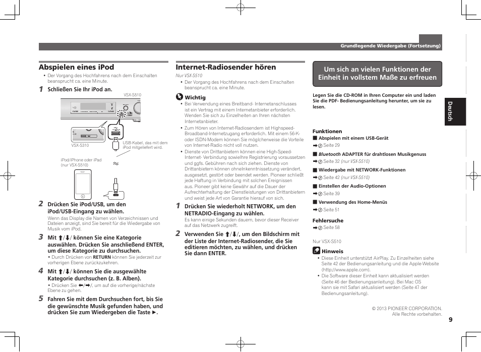Abspielen eines ipod, Internet-radiosender hören | Pioneer VSX-S510-K User Manual | Page 25 / 60