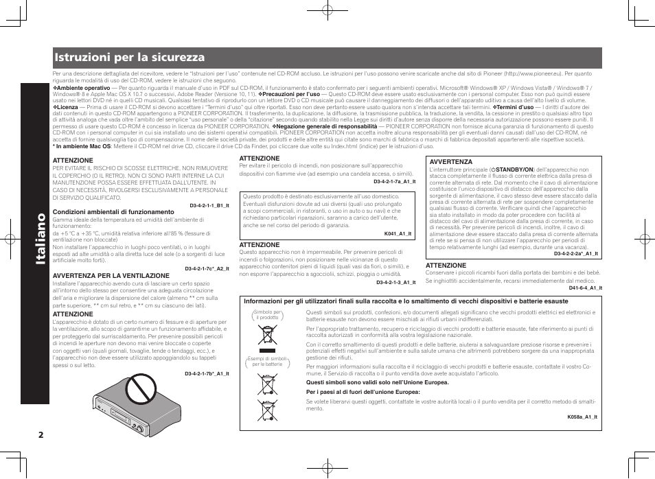 Sintoamplificatore av, Guida di avvio rapido, Italiano | Istruzioni per la sicurezza | Pioneer VSX-S510-K User Manual | Page 26 / 60