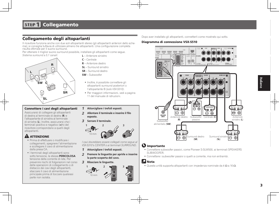 Collegamento, Collegamento degli altoparlanti | Pioneer VSX-S510-K User Manual | Page 27 / 60