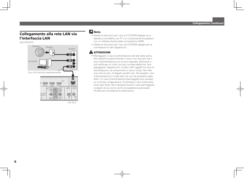 Collegamento alla rete lan via l’interfaccia lan | Pioneer VSX-S510-K User Manual | Page 30 / 60