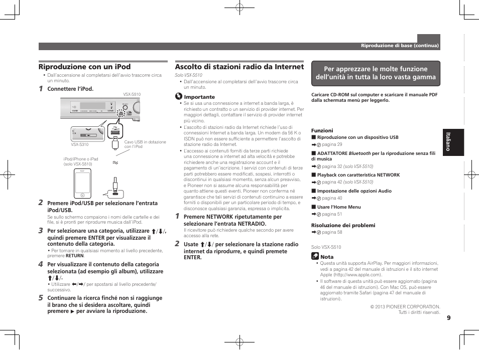 Riproduzione con un ipod, Ascolto di stazioni radio da internet | Pioneer VSX-S510-K User Manual | Page 33 / 60