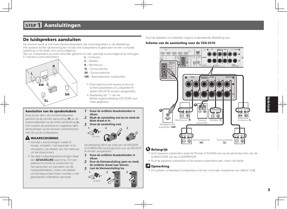 Aansluitingen, De luidsprekers aansluiten | Pioneer VSX-S510-K User Manual | Page 35 / 60