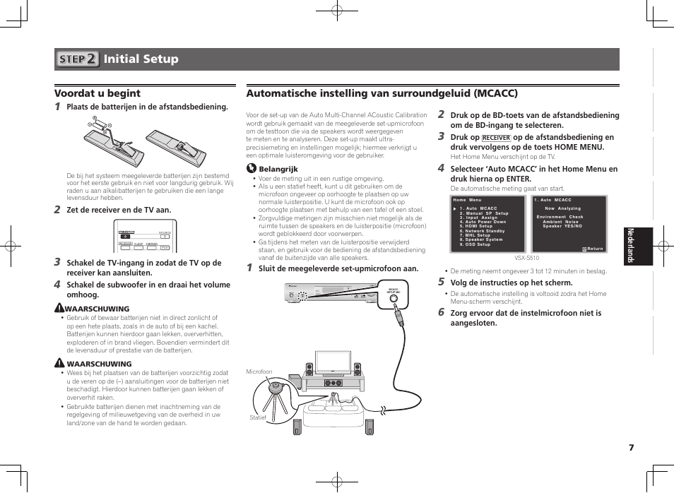 Initial setup, Voordat u begint, Automatische instelling van surroundgeluid (mcacc) | Pioneer VSX-S510-K User Manual | Page 39 / 60