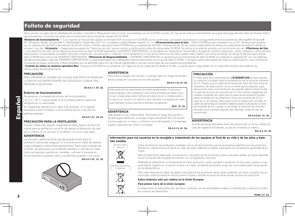 Receptor av, Guía de inicio rápido, Español | Folleto de seguridad | Pioneer VSX-S510-K User Manual | Page 42 / 60