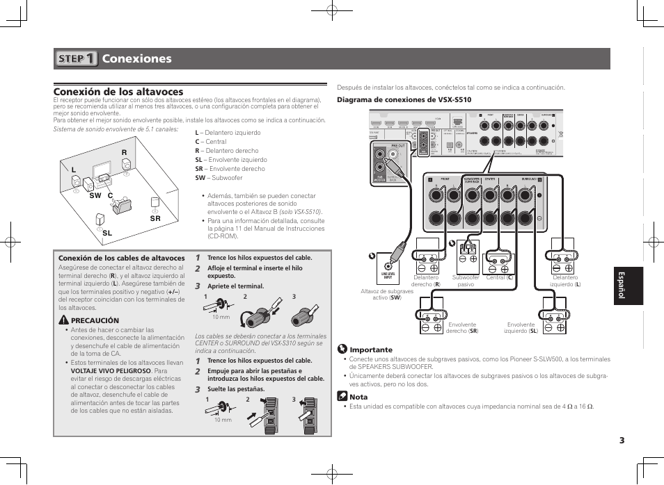 Conexiones, Conexión de los altavoces | Pioneer VSX-S510-K User Manual | Page 43 / 60