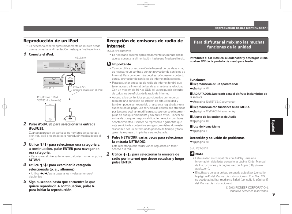 Reproducción de un ipod, Recepción de emisoras de radio de internet | Pioneer VSX-S510-K User Manual | Page 49 / 60