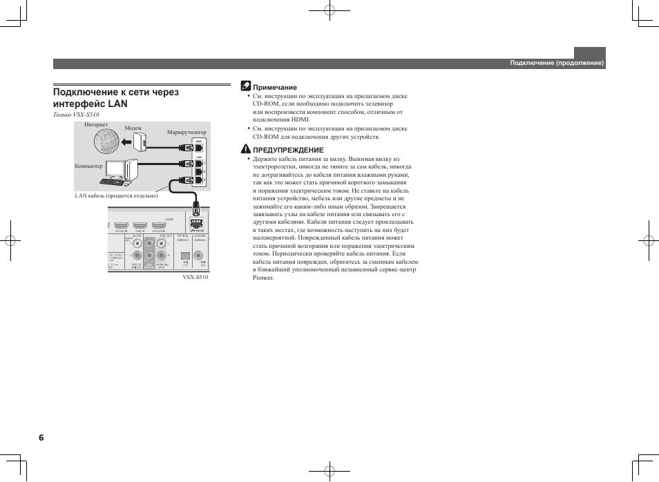 Подключение к сети через интерфейс lan | Pioneer VSX-S510-K User Manual | Page 54 / 60