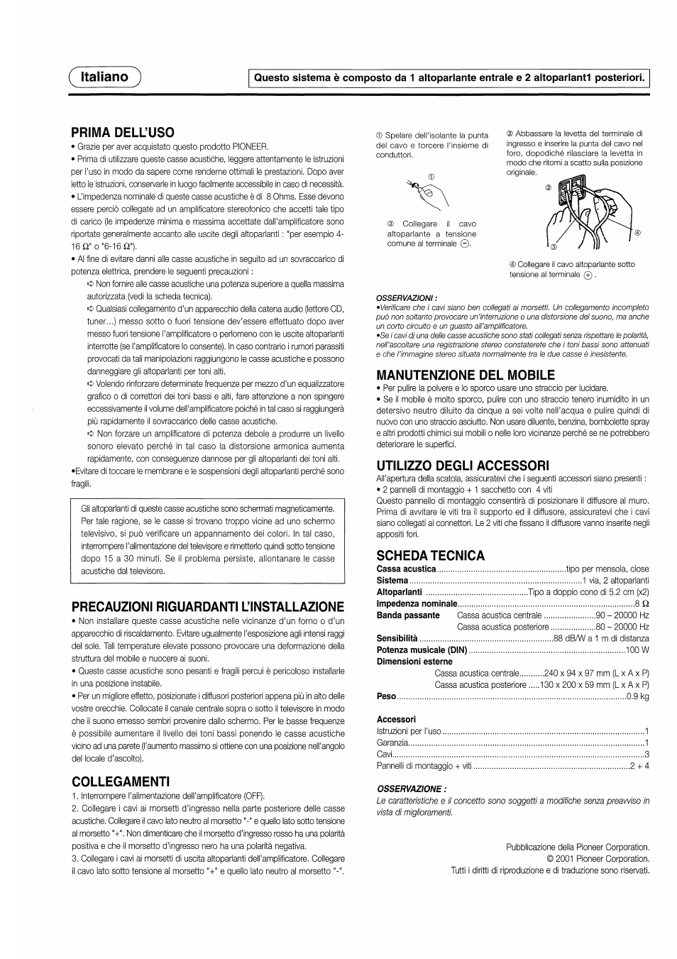 Italiano ), Prima dell’uso, Precauzioni riguardanti l’installazione | Collegamenti, Manutenzione del mobile, Utilizzo degli accessori, Scheda tecnica | Pioneer S-CR50HTD User Manual | Page 3 / 8