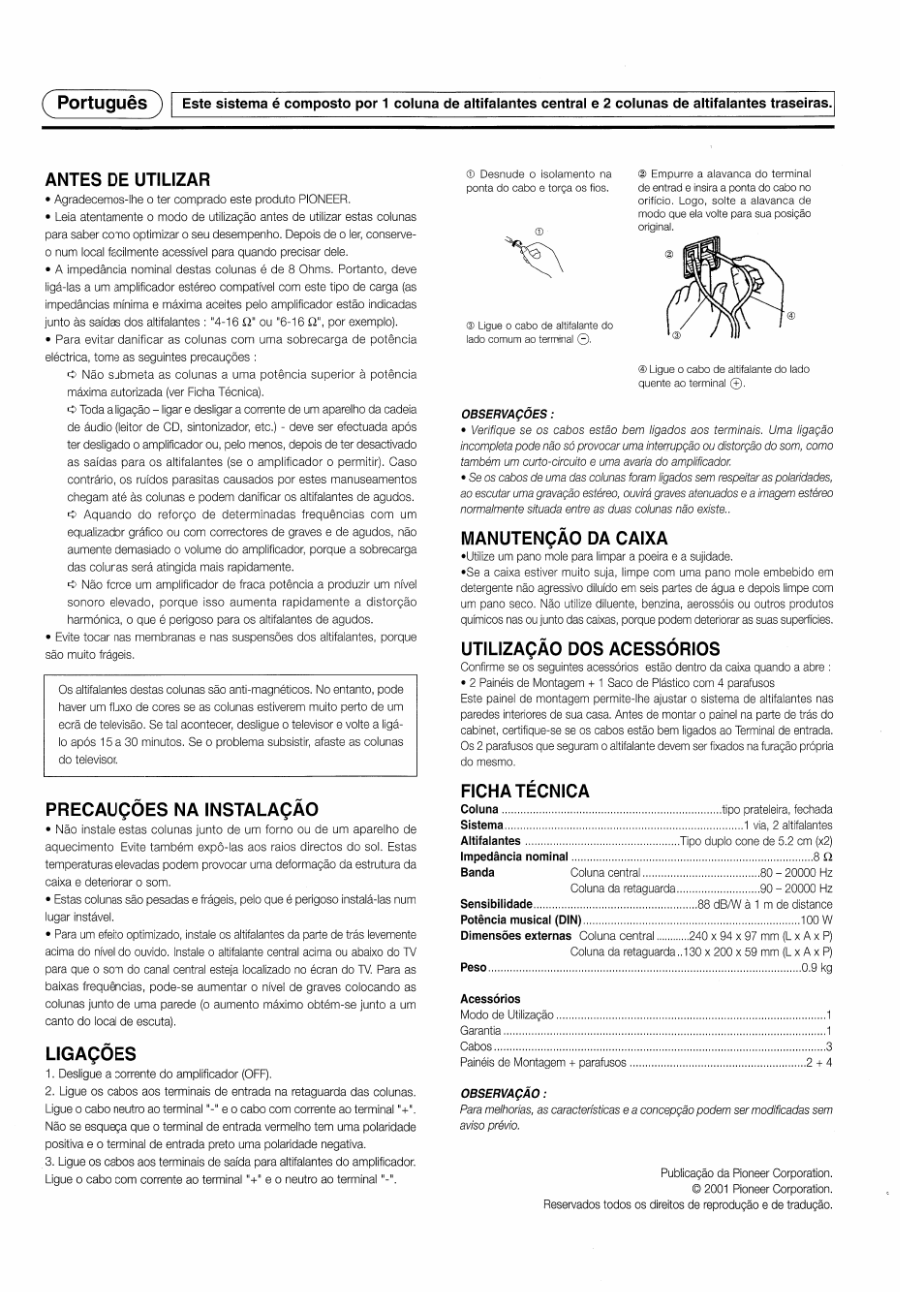 Antes de utilizar, Precauçôes na instalaçâo, Ligaçôes | Manutençâo da caixa, Utilizaçâo dos acessórios, Ficha técnica, Portugués | Pioneer S-CR50HTD User Manual | Page 6 / 8