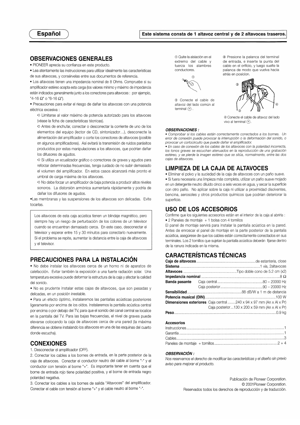 Español, Observaciones generales, Precauciones para la instalacion | Conexiones, Limpieza de la caja de altavoces, Uso de los accesorios, Características técnicas | Pioneer S-CR50HTD User Manual | Page 7 / 8