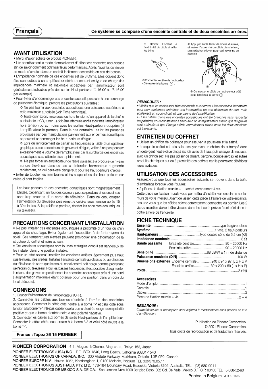 Avant utilisation, Precautions concernant l'installation, Connexions | Entretien du coffret, Utilisation des accessoires, Fiche technique, Français, Pioneer corporation, France : tapez 36 15 pioneer | Pioneer S-CR50HTD User Manual | Page 8 / 8