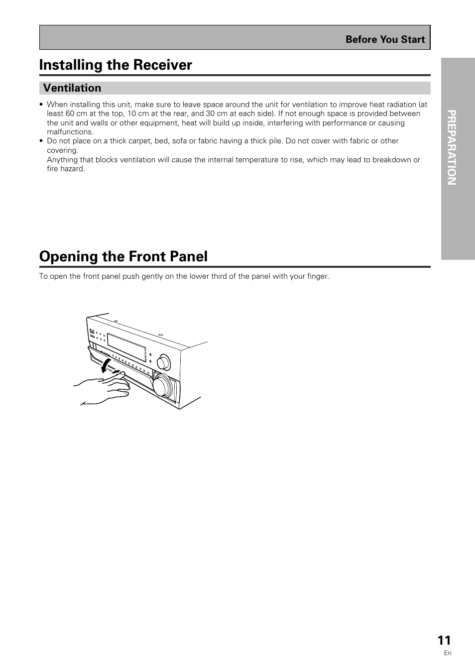 Installing the receiver, Opening the front panel | Pioneer VSX-909RDS User Manual | Page 11 / 96