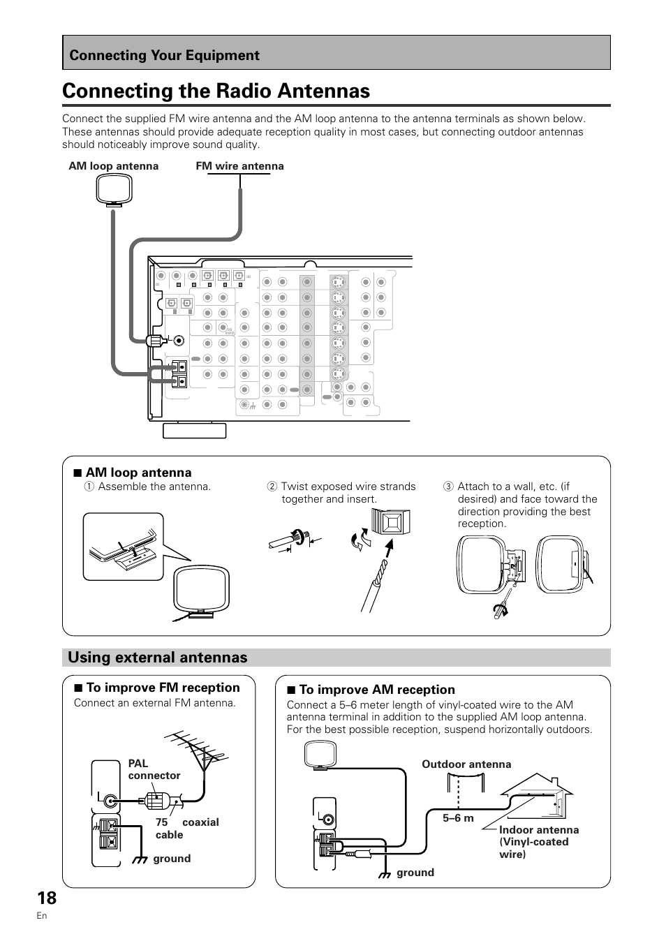 Connecting the radio antennas, Using external antennas, Connecting your equipment | 7 am loop antenna, 7 to improve fm reception, 7 to improve am reception, Fm wire antenna am loop antenna, Connect an external fm antenna, 75 ω coaxial cable pal connector ground | Pioneer VSX-909RDS User Manual | Page 18 / 96