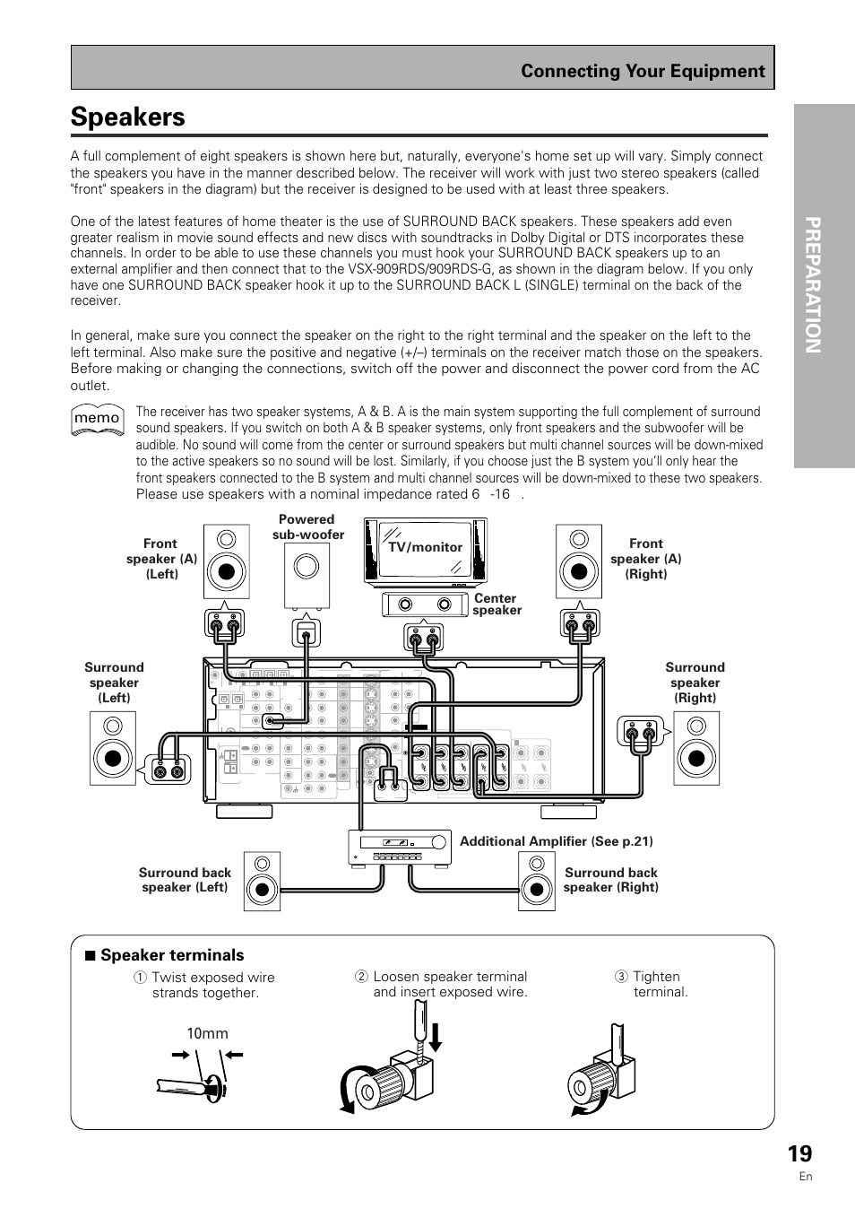 Speakers, Prep ara tion, Connecting your equipment | 7 speaker terminals, 10mm | Pioneer VSX-909RDS User Manual | Page 19 / 96