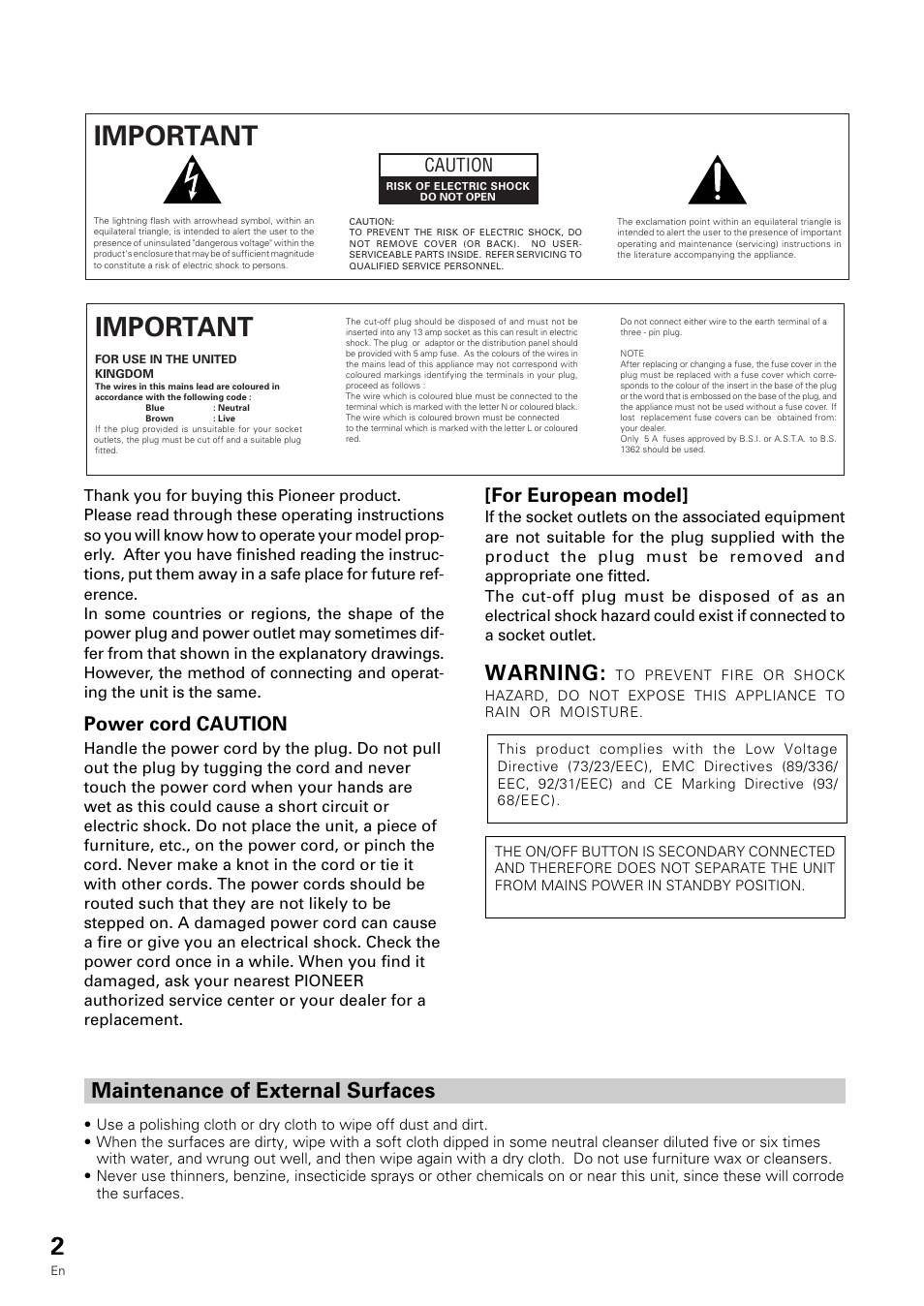 Important, Warning, Maintenance of external surfaces | Power cord caution, For european model, Caution | Pioneer VSX-909RDS User Manual | Page 2 / 96