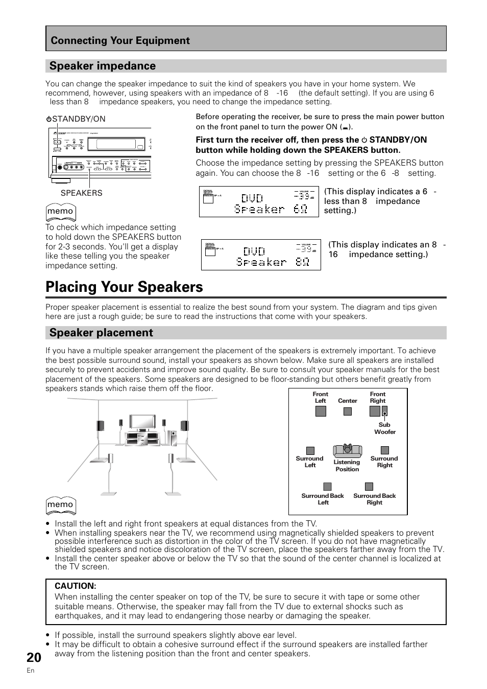 Placing your speakers, Speaker placement, Speaker impedance | Connecting your equipment | Pioneer VSX-909RDS User Manual | Page 20 / 96