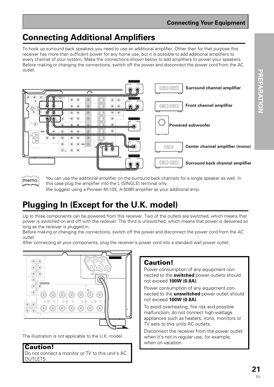 Connecting additional amplifiers, Plugging in (except for the u.k. model), Prep ara tion | Caution, Connecting your equipment | Pioneer VSX-909RDS User Manual | Page 21 / 96
