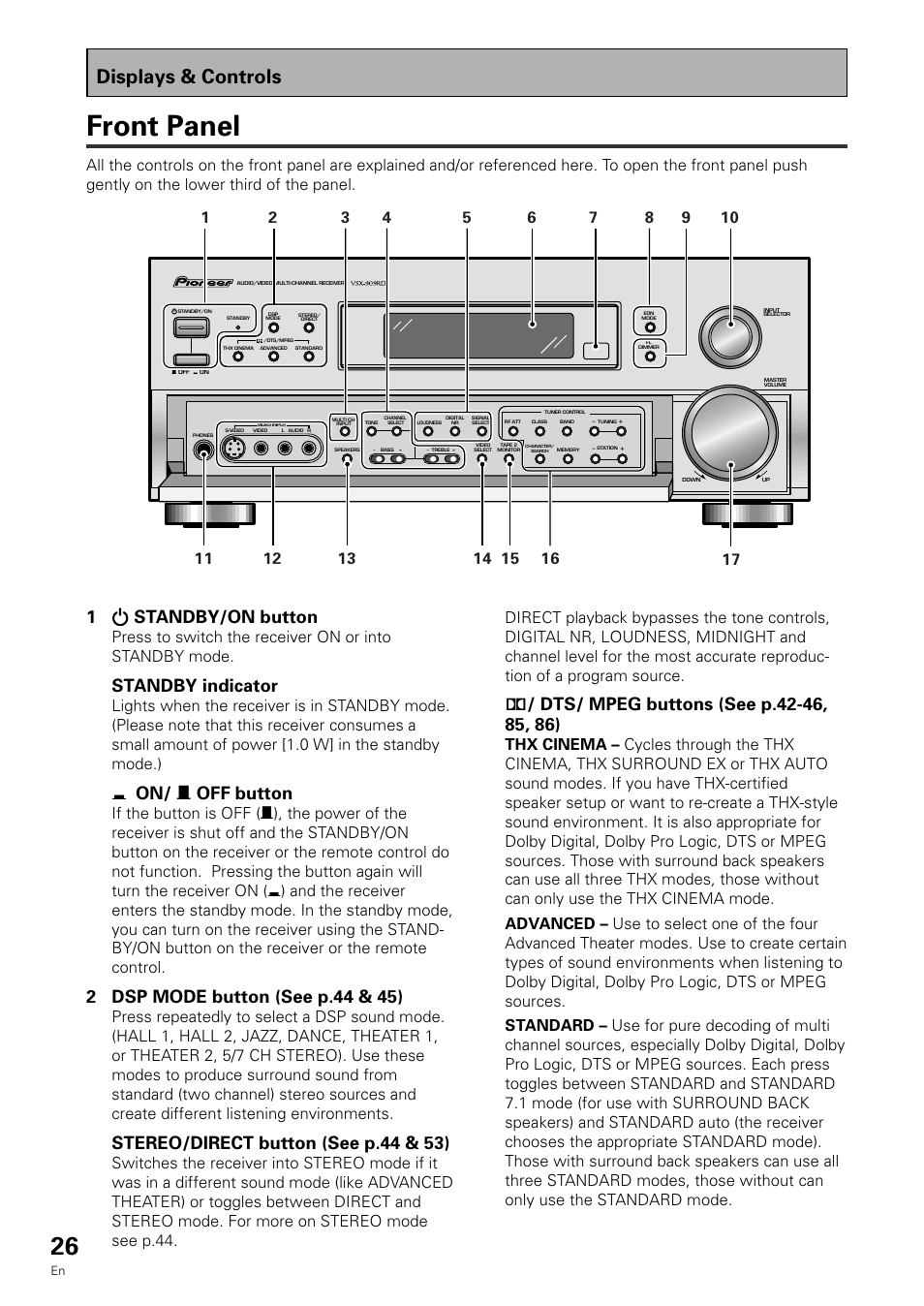 Front panel, Displays & controls, 1standby/on button | Standby indicator, On/ — off button, Stereo/direct button (see p.44 & 53) | Pioneer VSX-909RDS User Manual | Page 26 / 96
