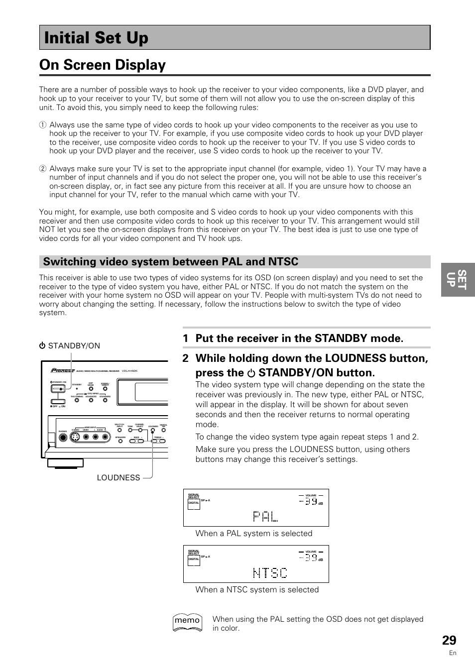 Initial set up, On screen display, Set up switching video system between pal and ntsc | When a pal system is selected, When a ntsc system is selected, Standby/on loudness | Pioneer VSX-909RDS User Manual | Page 29 / 96