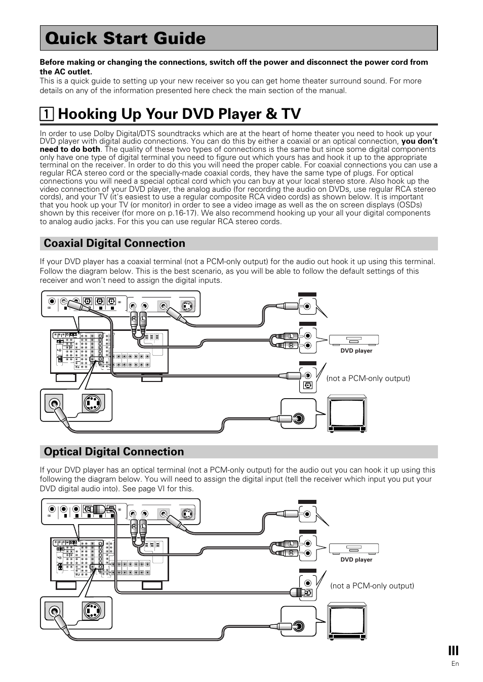 Quick start guide, 11 hooking up your dvd player & tv, Coaxial digital connection | Optical digital connection | Pioneer VSX-909RDS User Manual | Page 3 / 96