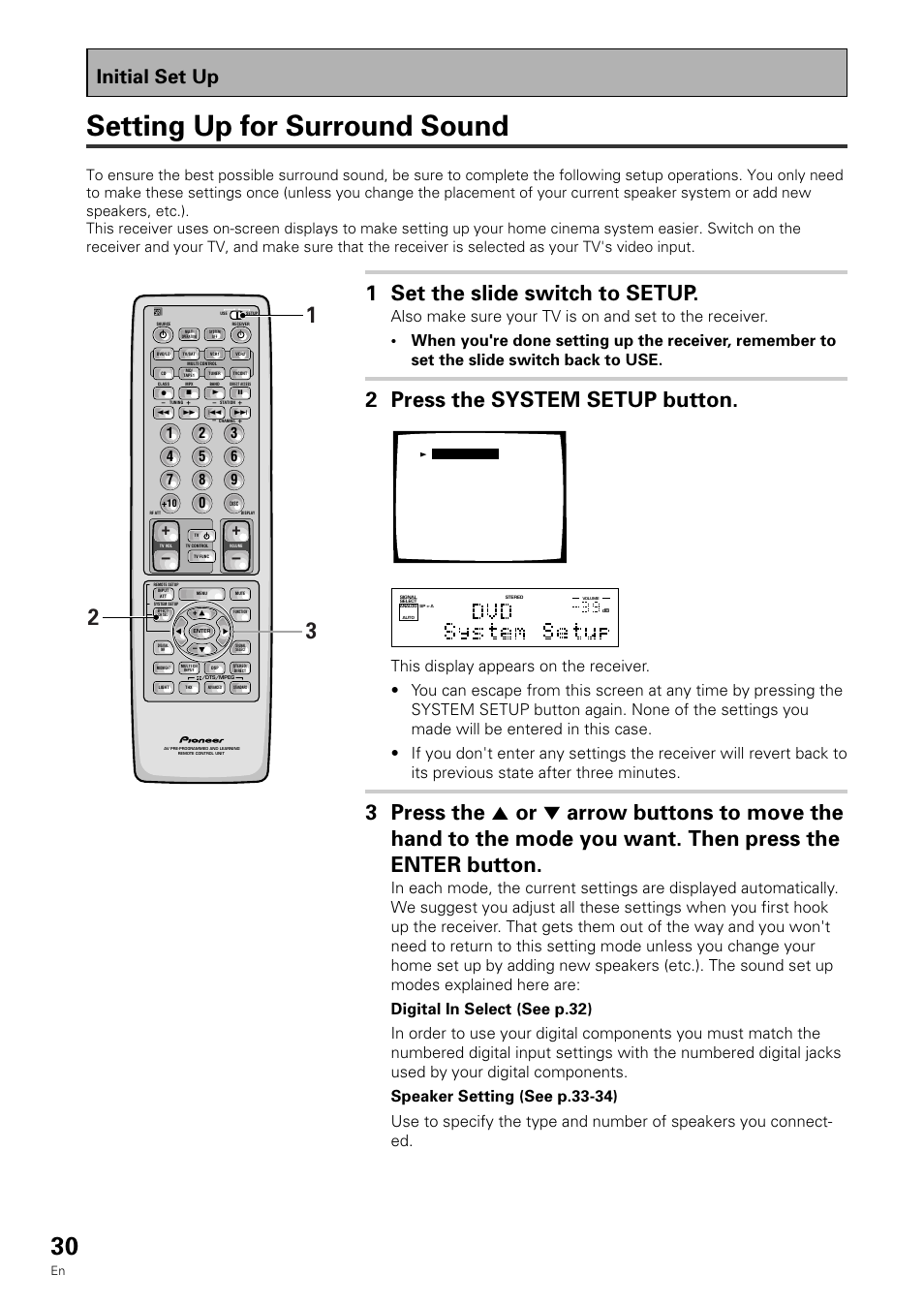 Setting up for surround sound, 1 set the slide switch to setup, 2 press the system setup button | Initial set up, System setup | Pioneer VSX-909RDS User Manual | Page 30 / 96