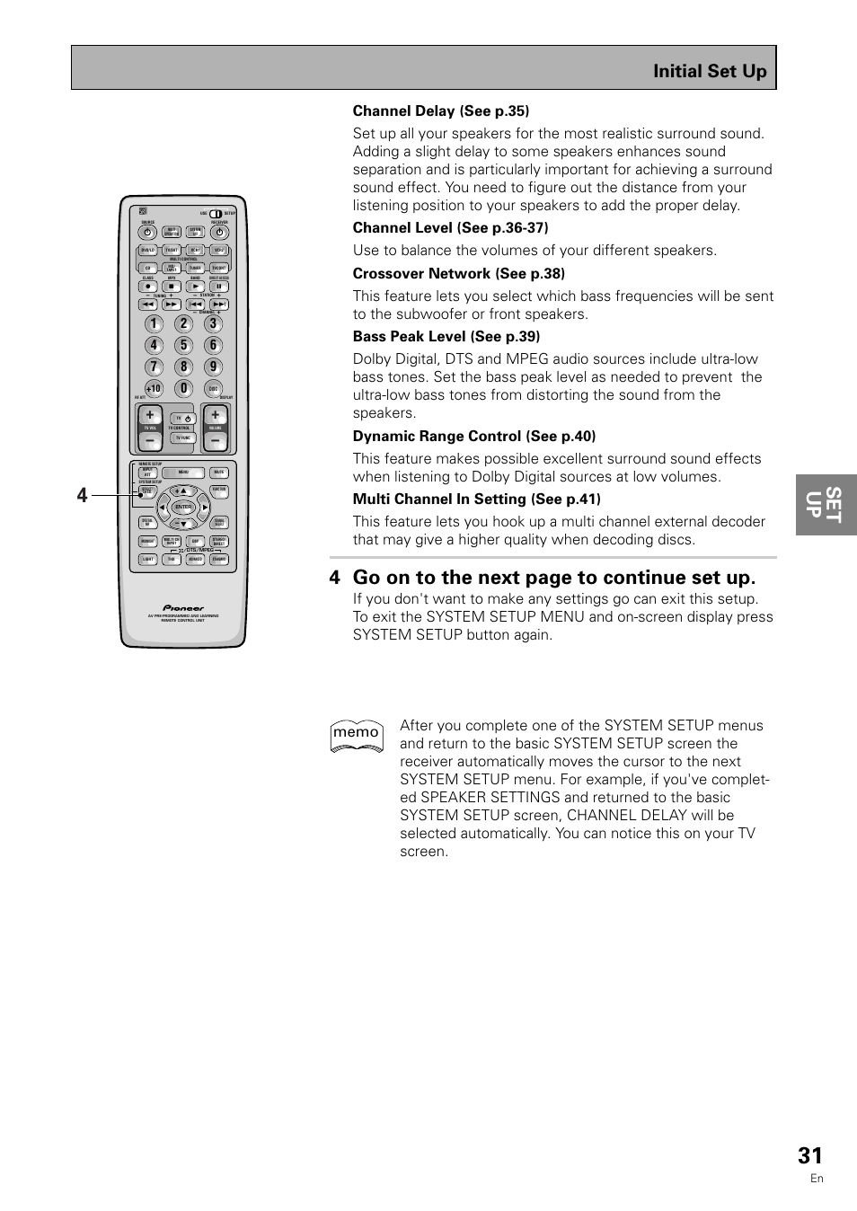 Set up, 4 go on to the next page to continue set up, Initial set up | Pioneer VSX-909RDS User Manual | Page 31 / 96