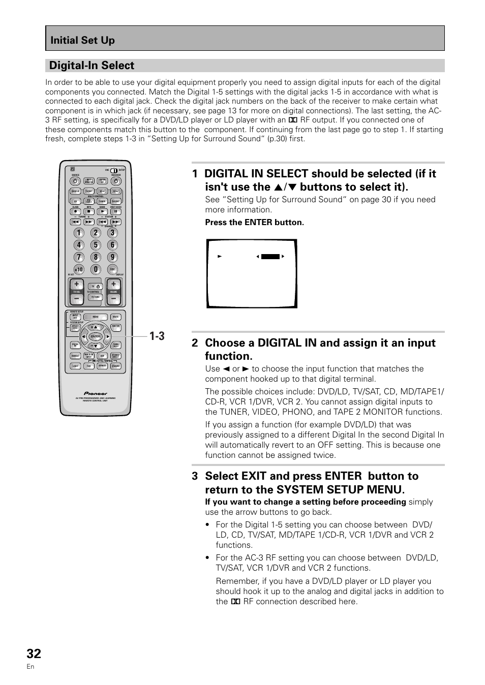 Digital-in select, Initial set up | Pioneer VSX-909RDS User Manual | Page 32 / 96