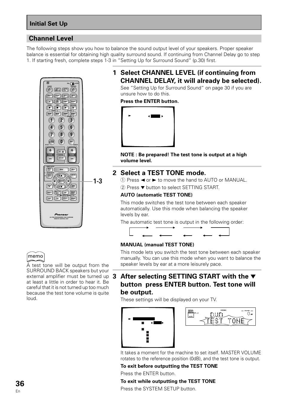 Channel level, 2 select a test tone mode, Initial set up | These settings will be displayed on your tv, Fl ct fr sr sl sw sbl sbr | Pioneer VSX-909RDS User Manual | Page 36 / 96