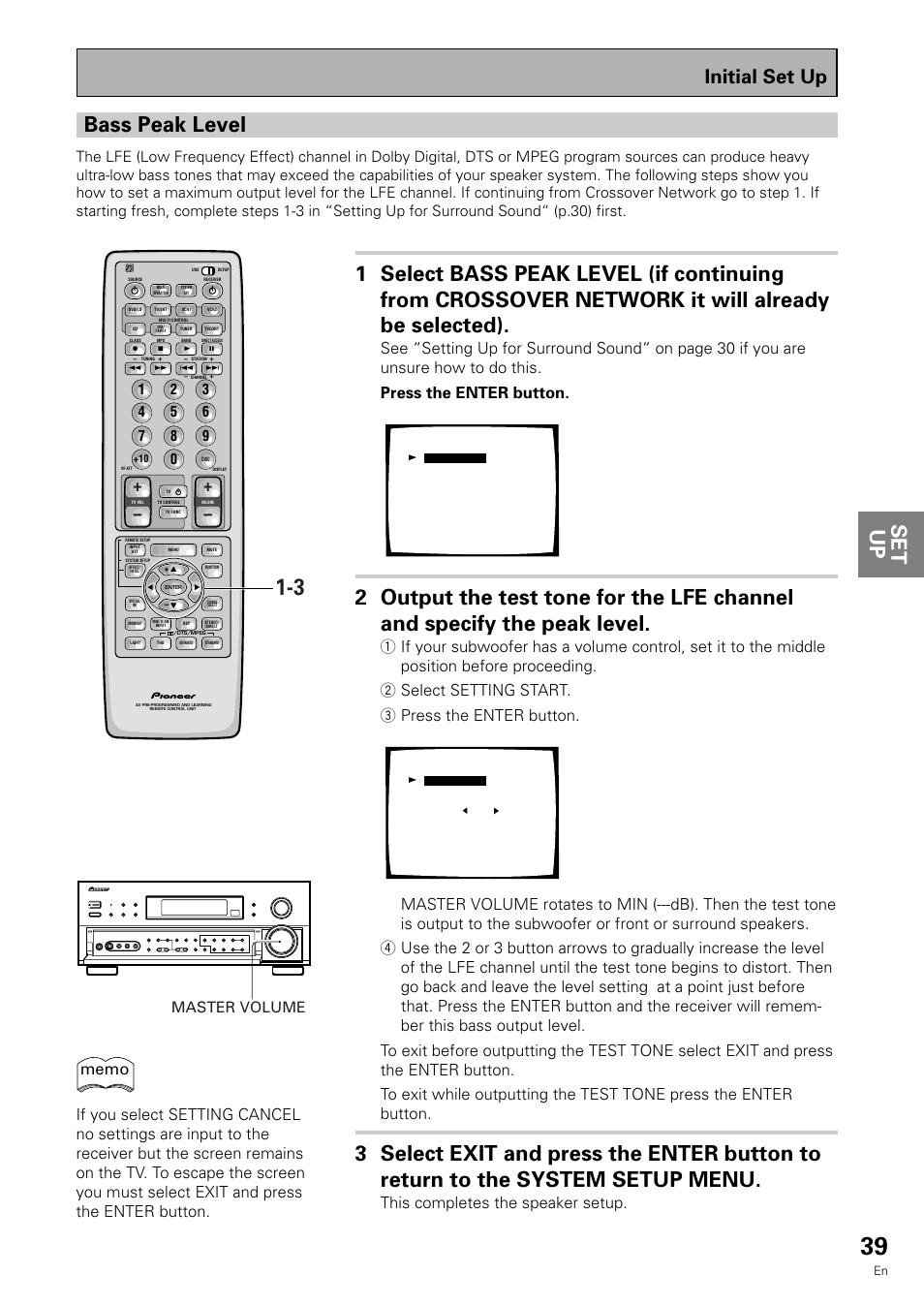 Bass peak level, Initial set up, See “setting up for surround sound | This completes the speaker setup, Master volume | Pioneer VSX-909RDS User Manual | Page 39 / 96