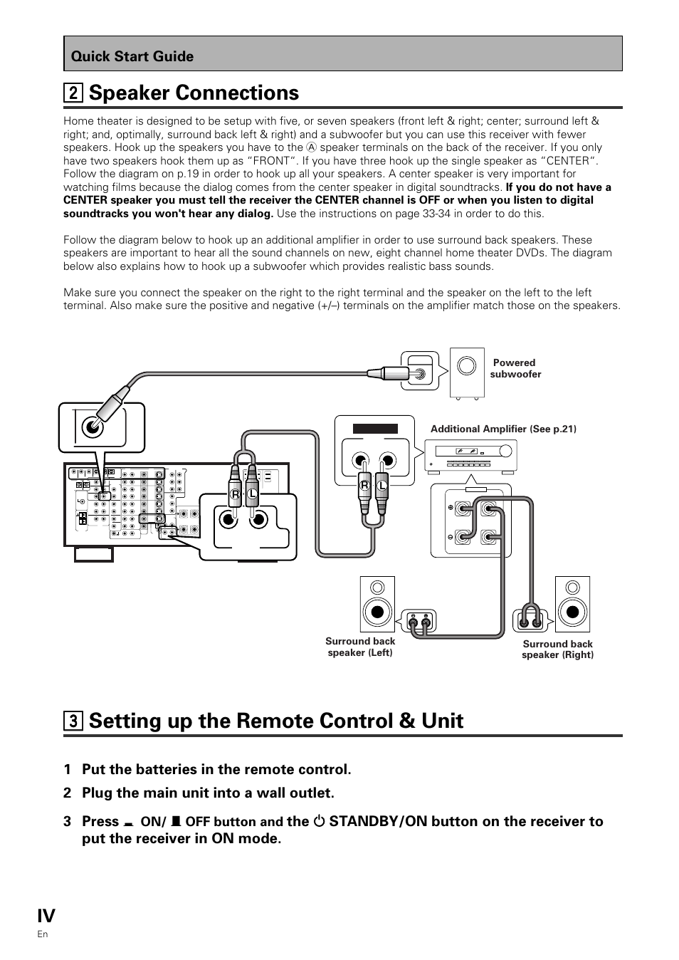 22 speaker connections, 33 setting up the remote control & unit, Quick start guide | Pioneer VSX-909RDS User Manual | Page 4 / 96