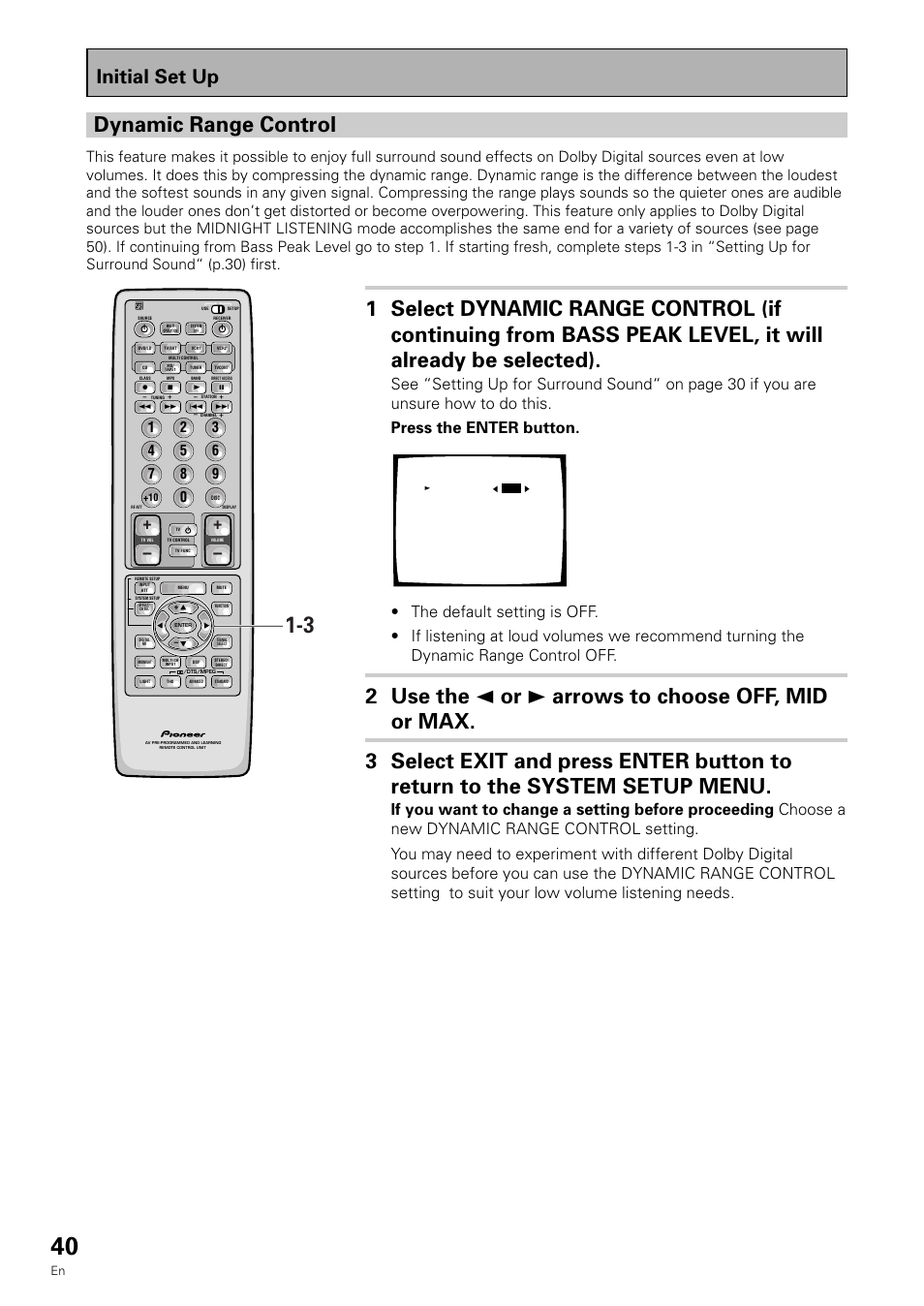 Dynamic range control, Initial set up | Pioneer VSX-909RDS User Manual | Page 40 / 96
