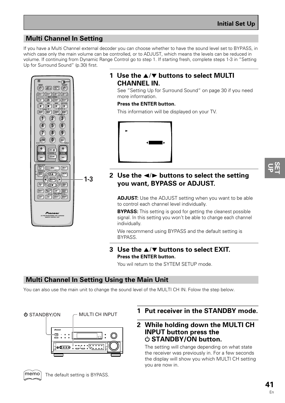 Set up multi channel in setting, 1 use the 5¥∞ buttons to select multi channel in, 3 use the 5¥∞ buttons to select exit | Multi channel in setting using the main unit, Initial set up, Multi ch input standby/on, The default setting is bypass | Pioneer VSX-909RDS User Manual | Page 41 / 96