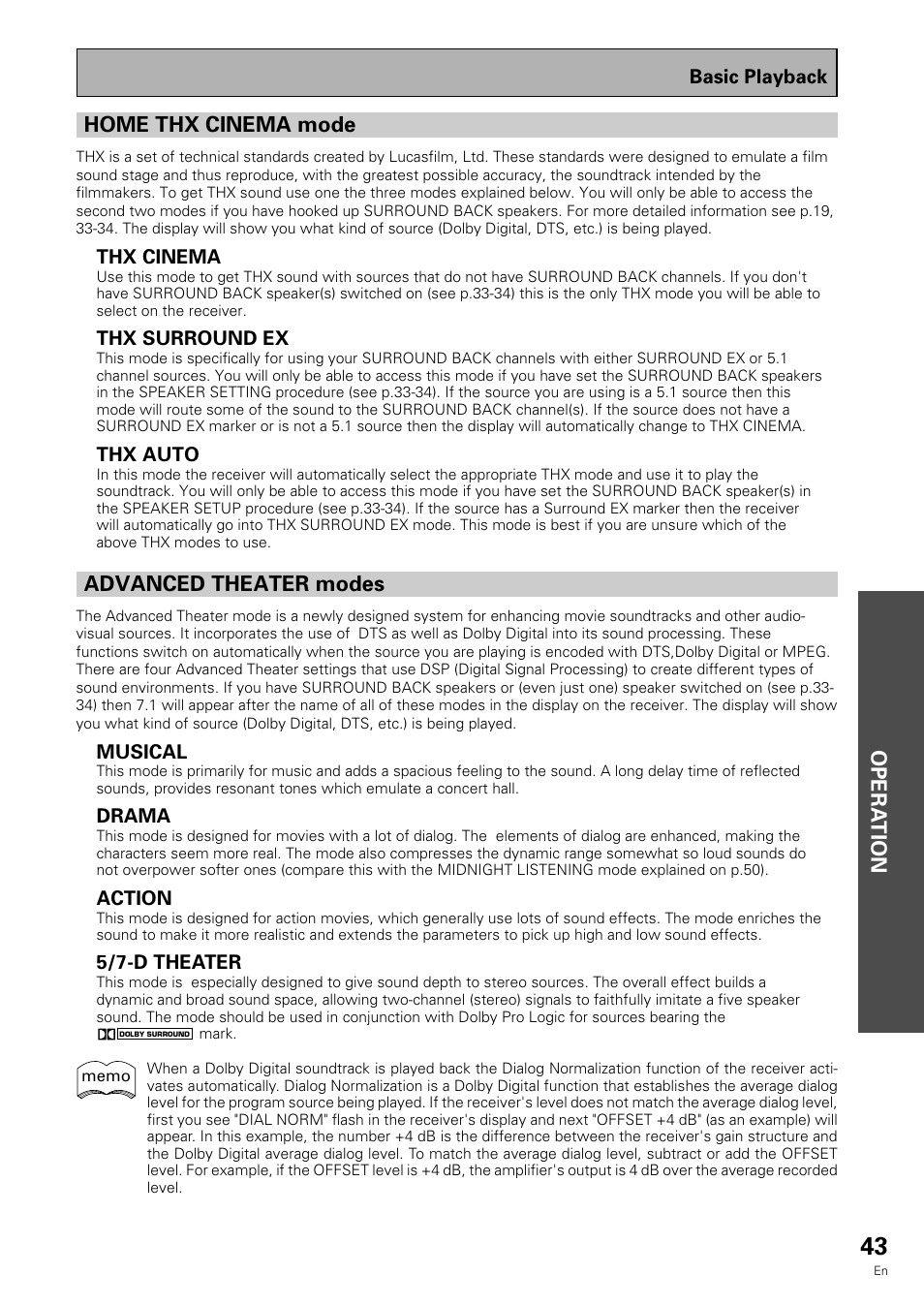 Opera tion, Home thx cinema mode, Advanced theater modes | Pioneer VSX-909RDS User Manual | Page 43 / 96