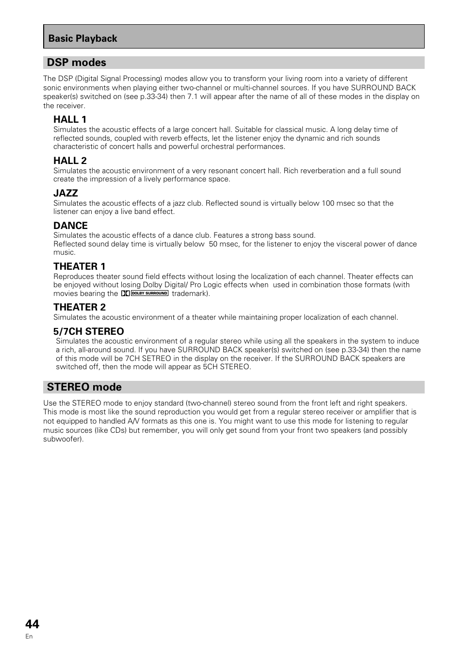 Dsp modes, Stereo mode | Pioneer VSX-909RDS User Manual | Page 44 / 96