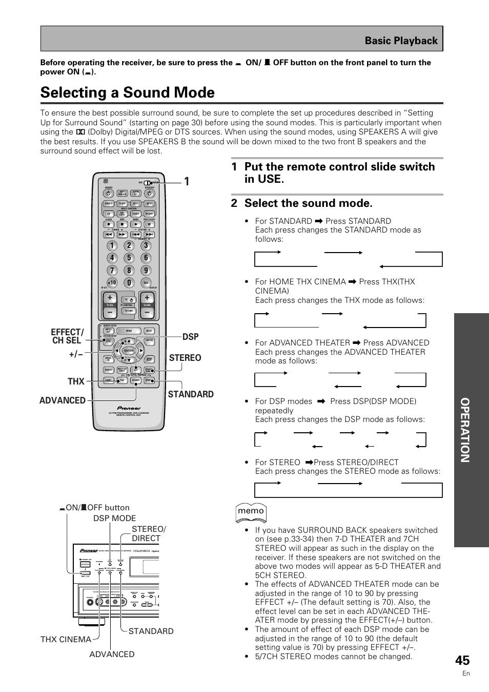 Selecting a sound mode, Opera tion, Basic playback | Stereo standard advanced thx dsp, Effect/ ch sel, Standard standard 7.1 standard auto, Thx cinema thx surround ex thx auto, Musical drama action 5/7-d theater, Stereo direct | Pioneer VSX-909RDS User Manual | Page 45 / 96