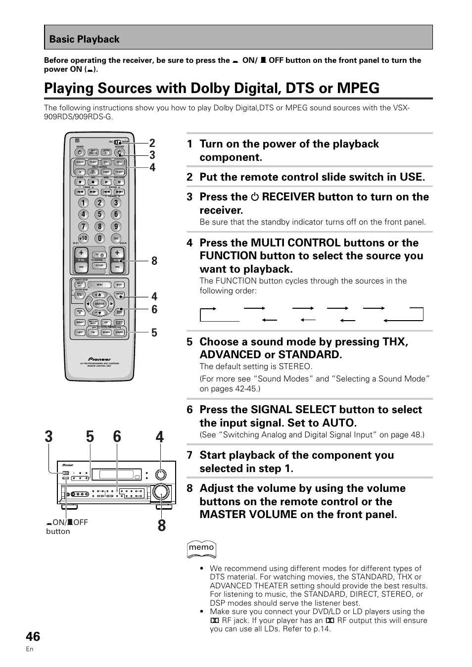 Playing sources with dolby digital, dts or mpeg, Basic playback | Pioneer VSX-909RDS User Manual | Page 46 / 96